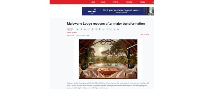 Travel Daily Media (USA + Asia) – Malewane Lodge news announcement