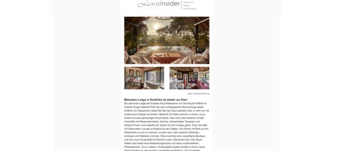 LuxusInsider (Germany) – Malewane Lodge in leading luxury travel trade newsletter